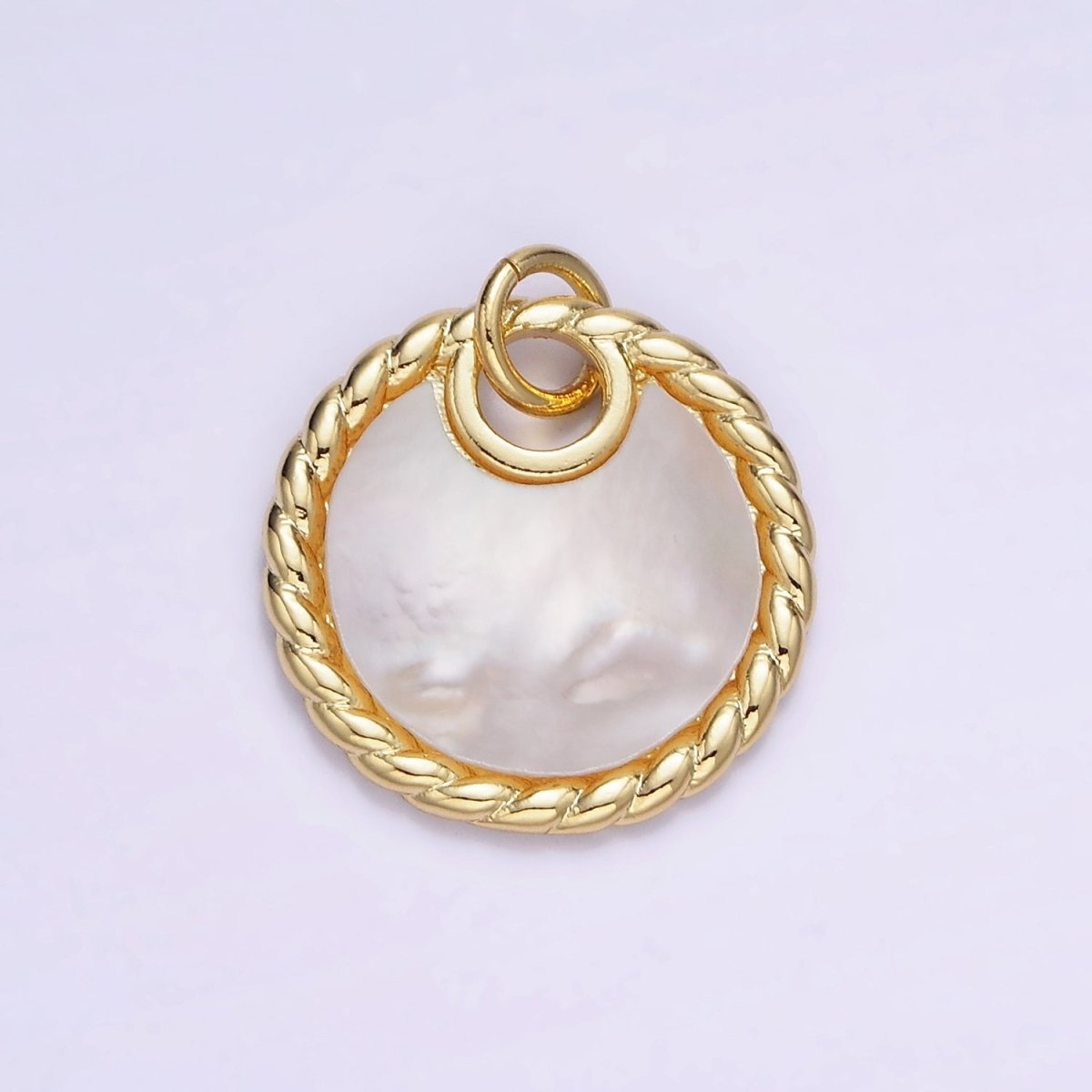 14K Gold Filled Shell Pearl Croissant Bezel Round Charm in Gold & Silver | W503