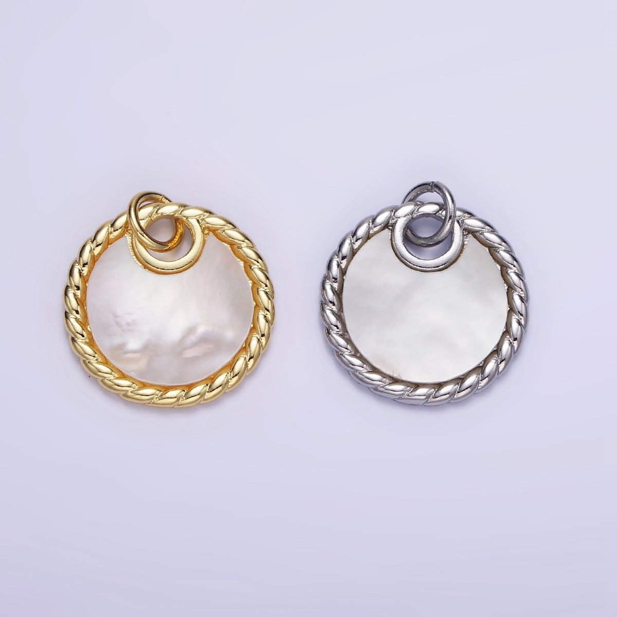 14K Gold Filled Shell Pearl Croissant Bezel Round Charm in Gold & Silver | W503