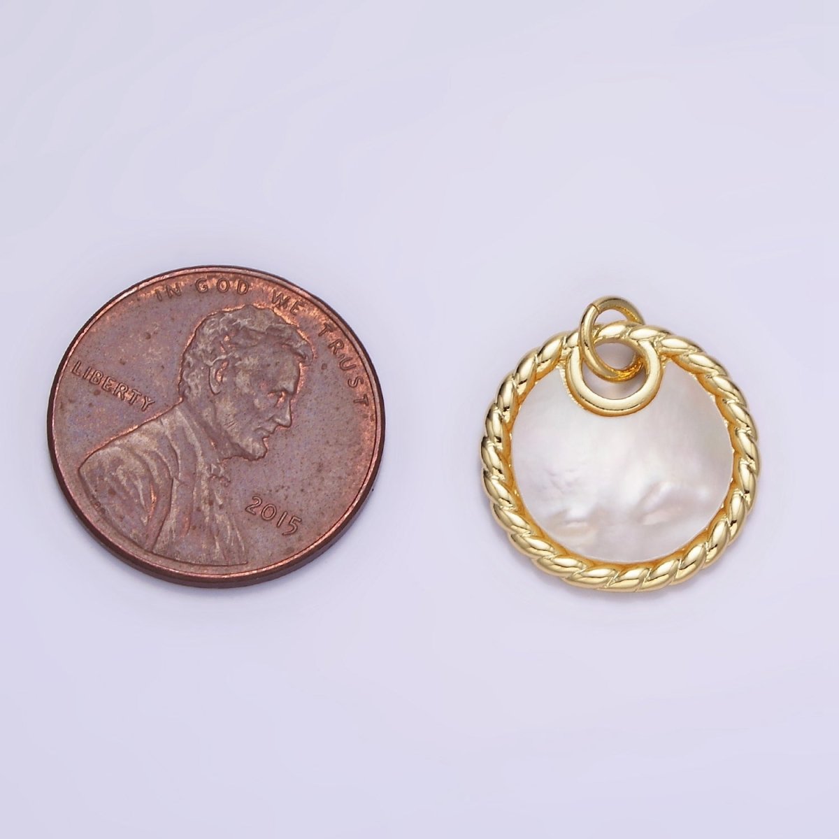 14K Gold Filled Shell Pearl Croissant Bezel Round Charm in Gold & Silver | W503