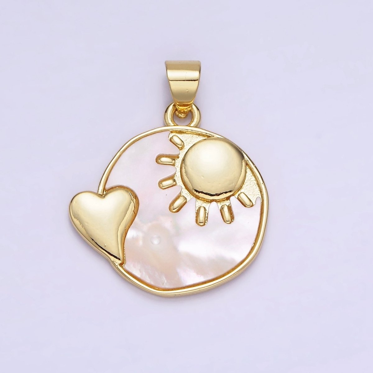 14K Gold Filled Shell Pearl Heart Celestial Sun, Moon Round Pendant | AH153 AA741