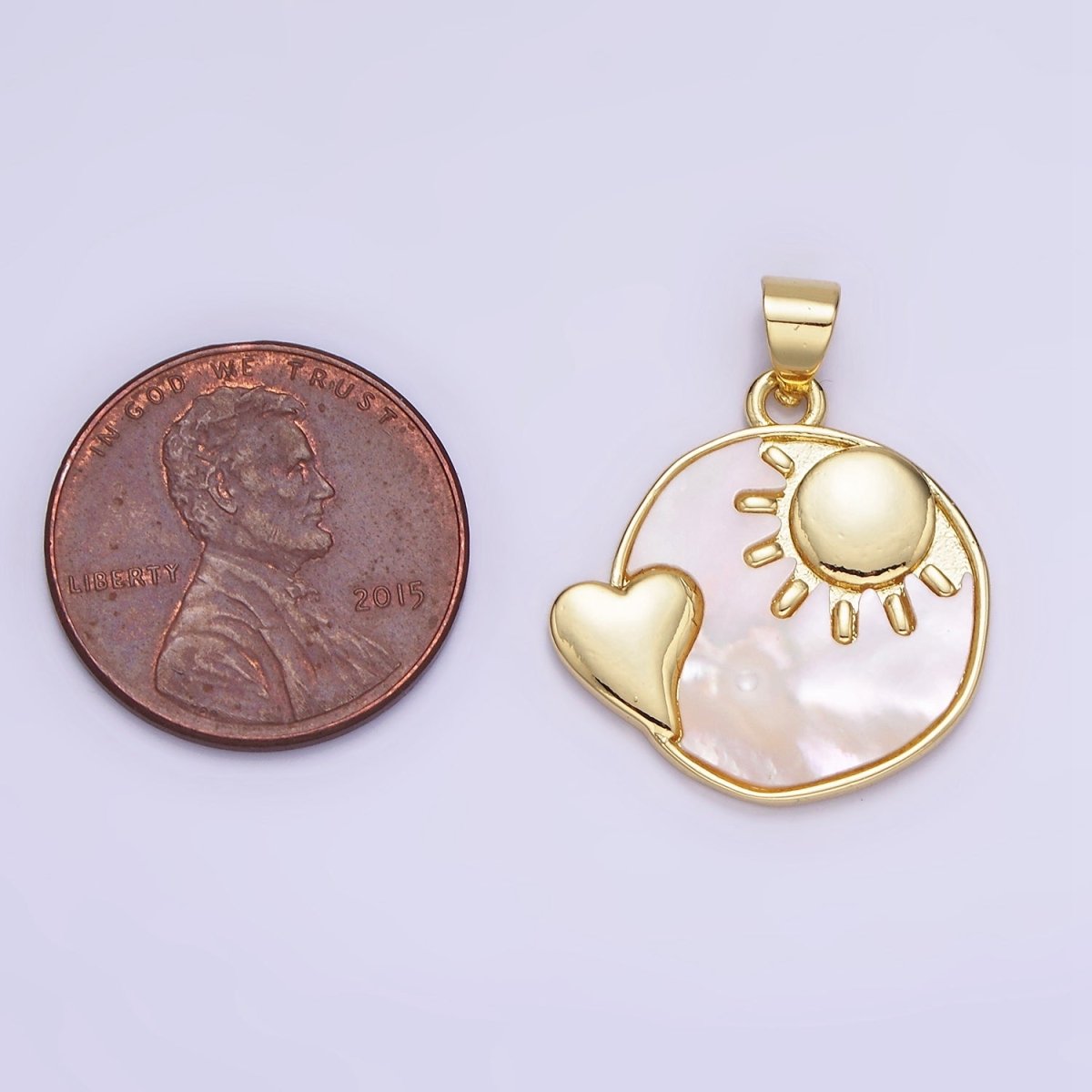 14K Gold Filled Shell Pearl Heart Celestial Sun, Moon Round Pendant | AH153 AA741