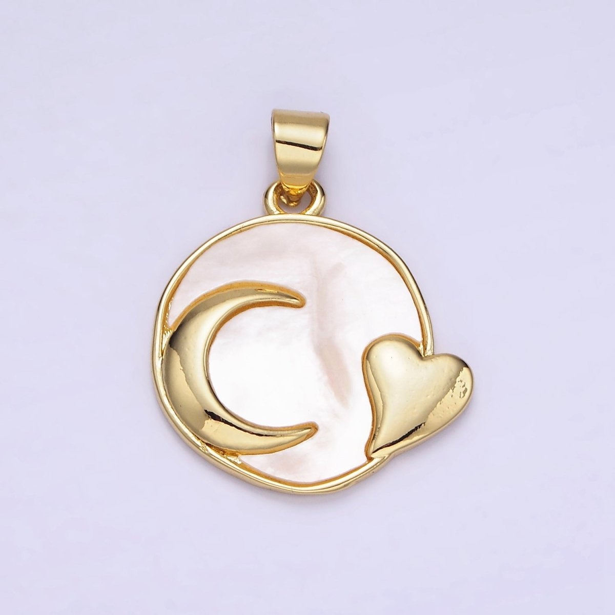 14K Gold Filled Shell Pearl Heart Celestial Sun, Moon Round Pendant | AH153 AA741