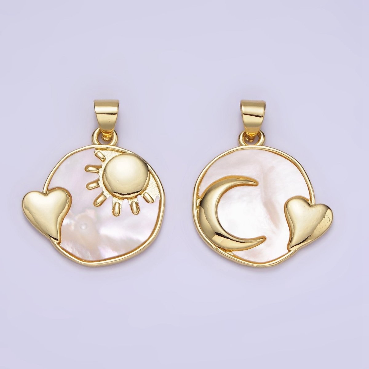 14K Gold Filled Shell Pearl Heart Celestial Sun, Moon Round Pendant | AH153 AA741