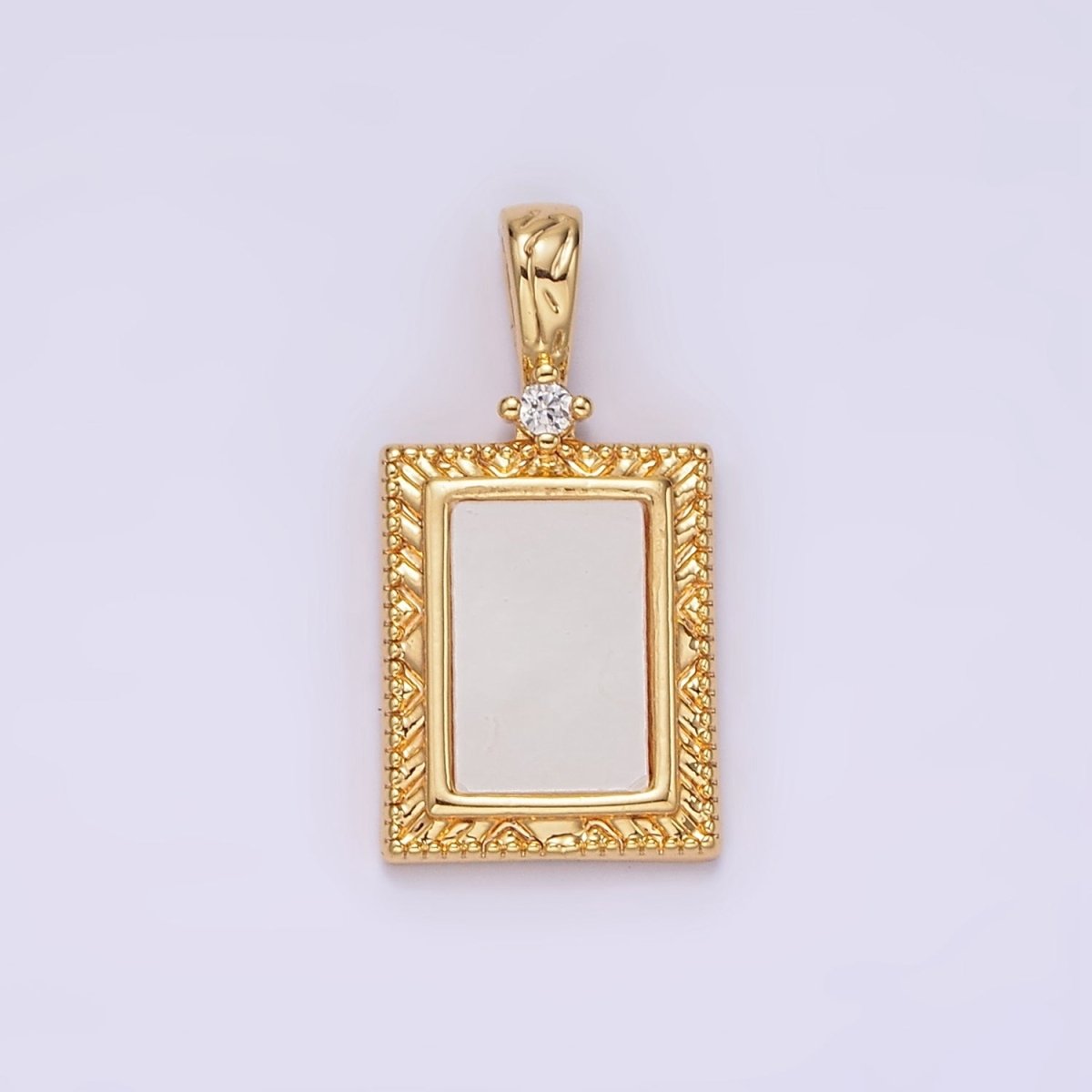 14K Gold Filled Shell Pearl Line-Textured Textured Rectangular Clear CZ Tag Pendant | N1799