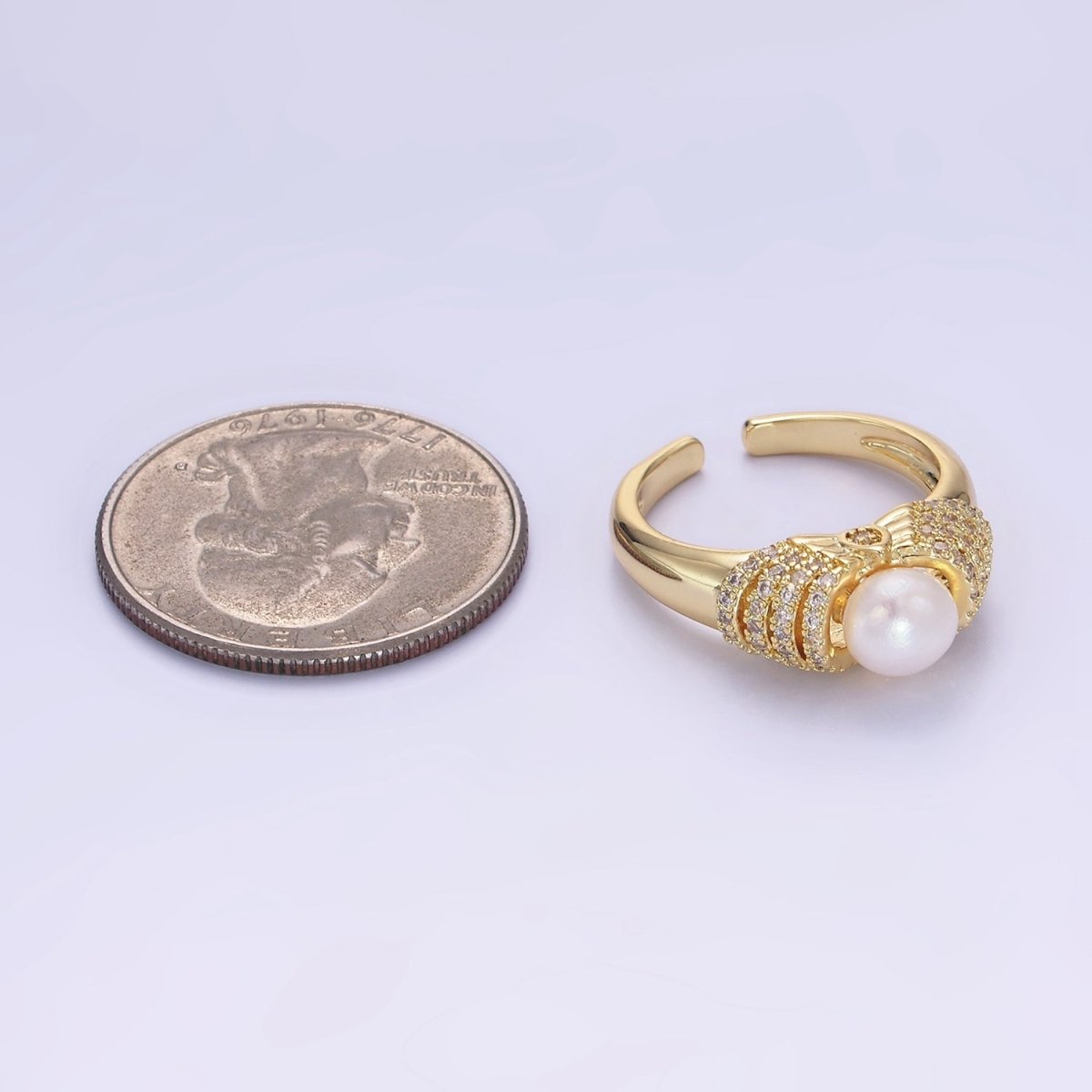 14K Gold Filled Shell Pearl Micro Paved CZ Multiple Lined Band Ring | O1343