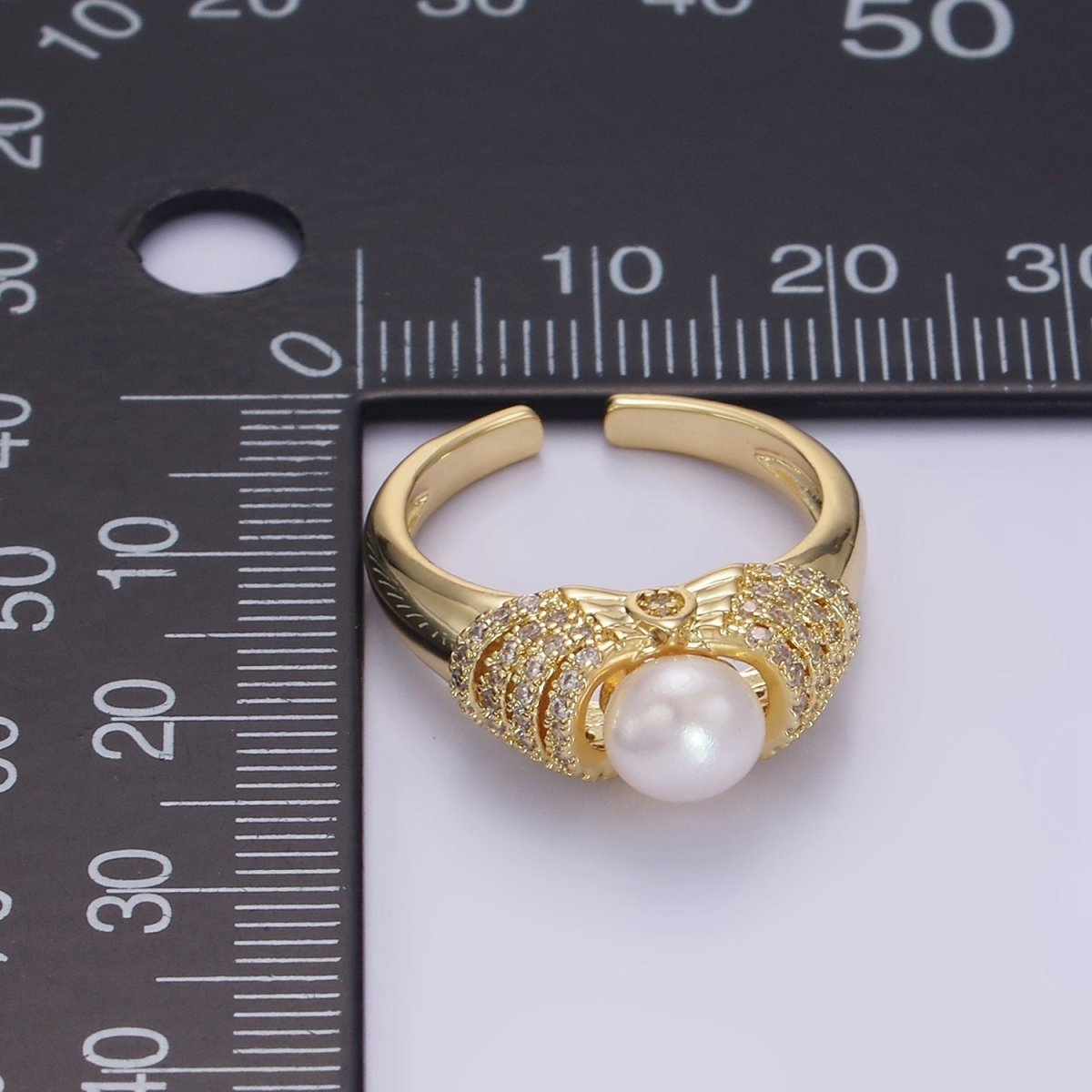 14K Gold Filled Shell Pearl Micro Paved CZ Multiple Lined Band Ring | O1343