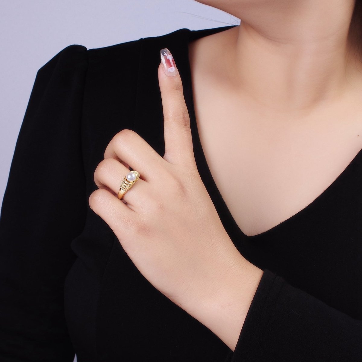 14K Gold Filled Shell Pearl Micro Paved CZ Multiple Lined Band Ring | O1343