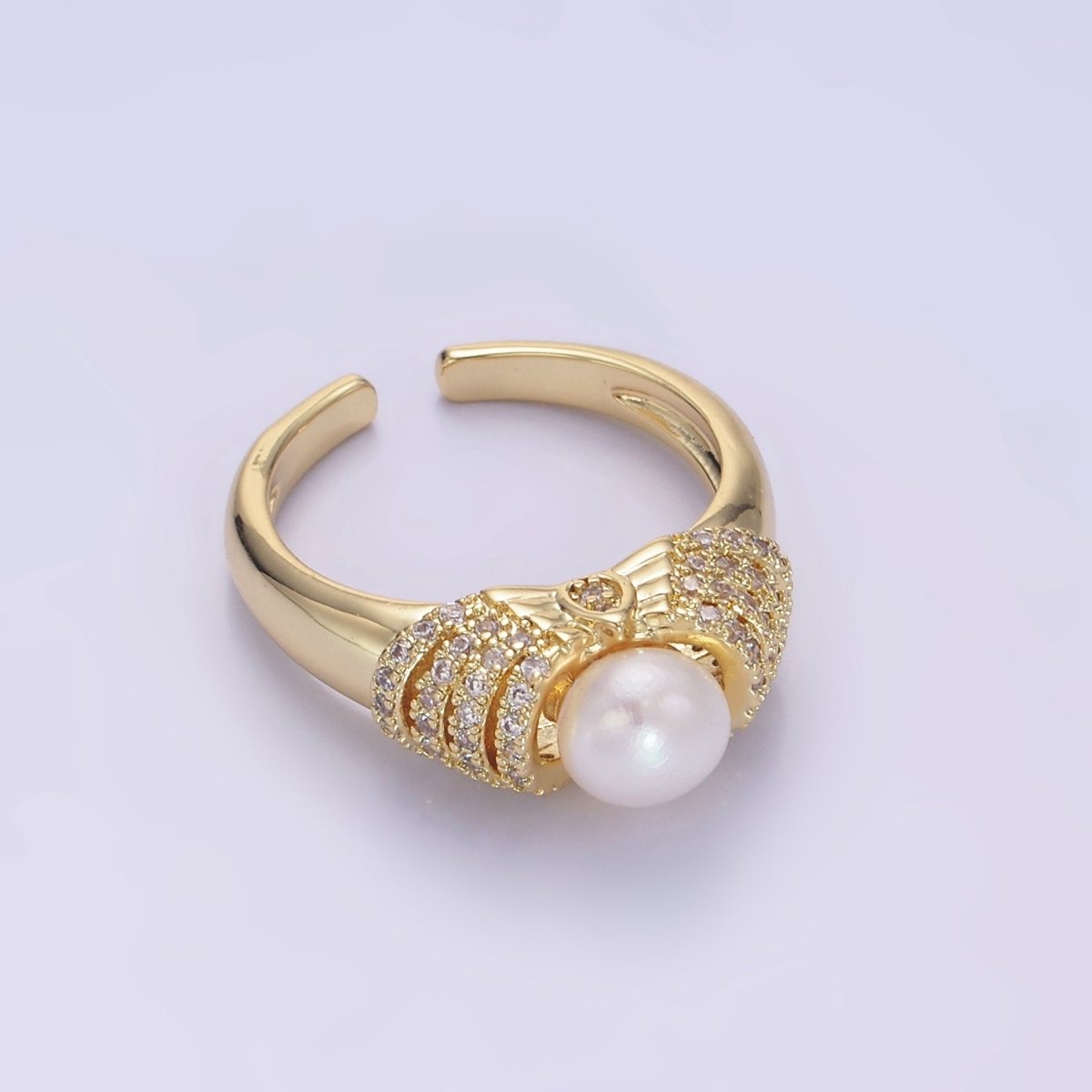 14K Gold Filled Shell Pearl Micro Paved CZ Multiple Lined Band Ring | O1343