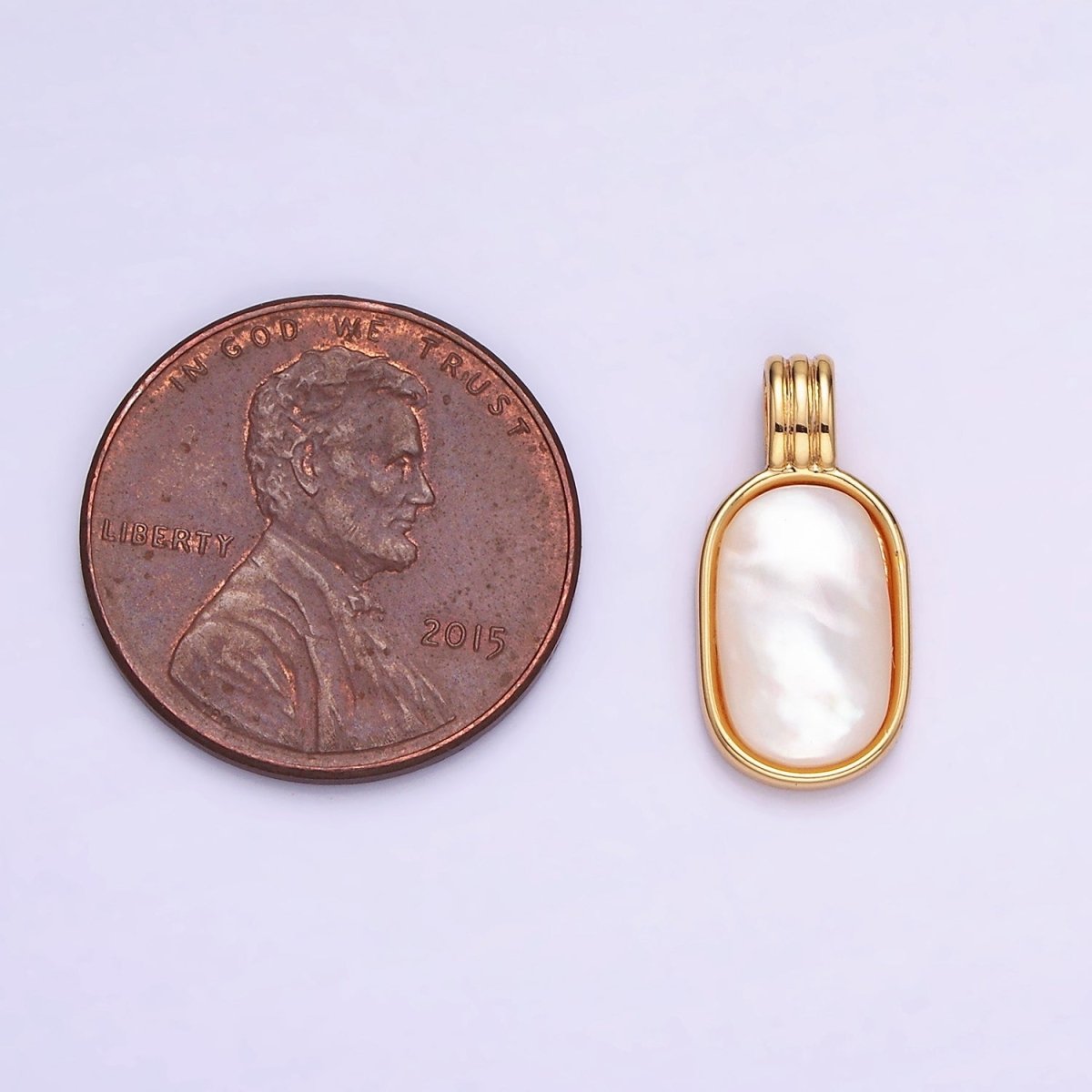 14K Gold Filled Shell Pearl Oblong Bezel Triple Band Pendant in Gold & Silver |  AA973