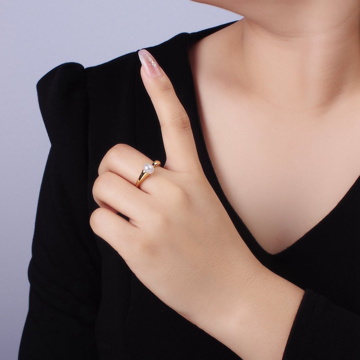 14K Gold Filled Shell Pearl Triple CZ Solitaire Ring | O1316