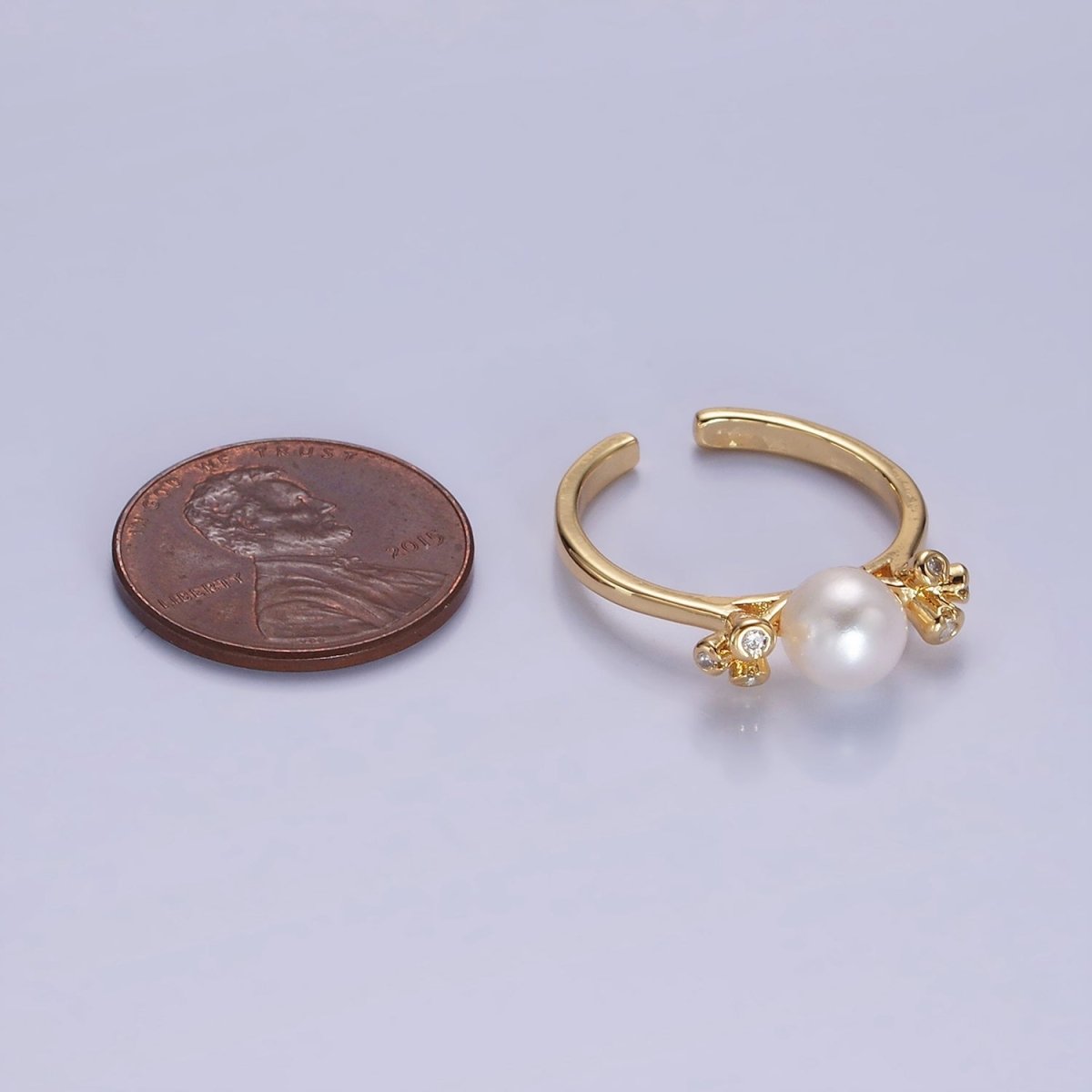 14K Gold Filled Shell Pearl Triple CZ Solitaire Ring | O1316