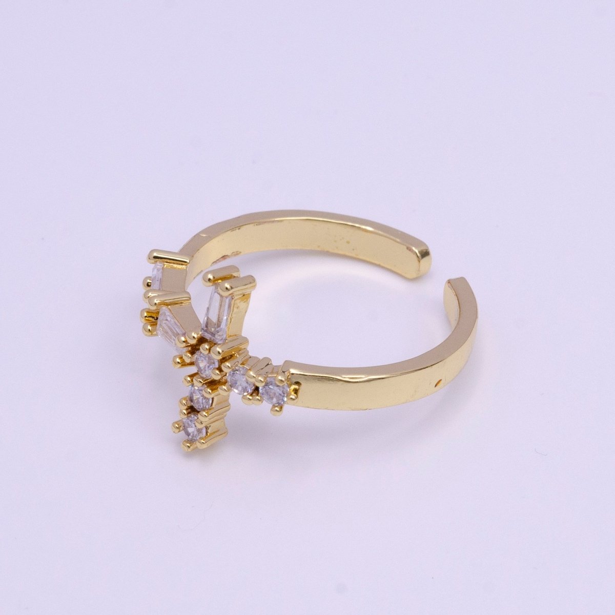 14K Gold Filled Sideway Cross Clear Baguette CZ Religious Ring | O-013