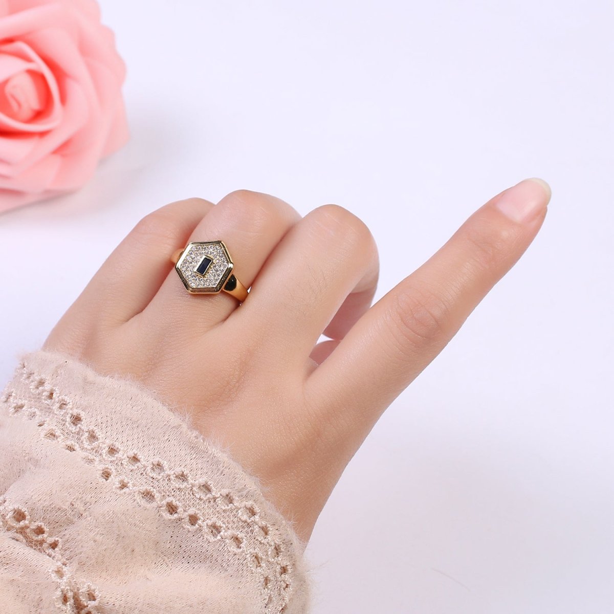 14k Gold Filled Signet Ring, Cubic Zirconia Signet Ring, CZ Octagonal Ring, Gold Open Adjustable Ring U-260 ~ U-263