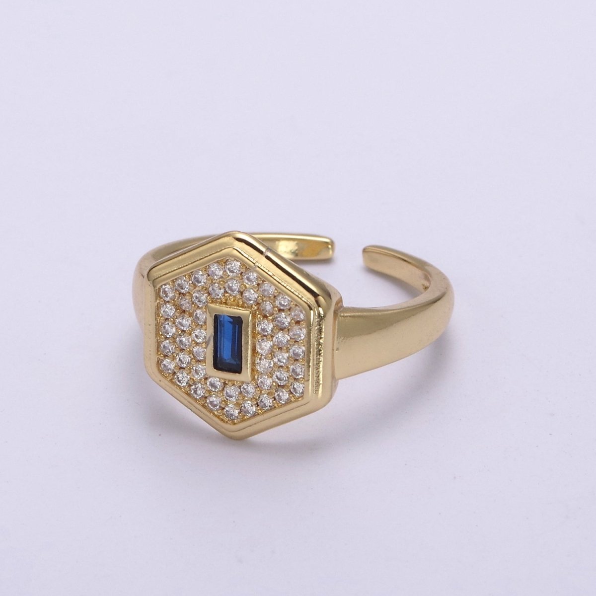 14k Gold Filled Signet Ring, Cubic Zirconia Signet Ring, CZ Octagonal Ring, Gold Open Adjustable Ring U-260 ~ U-263