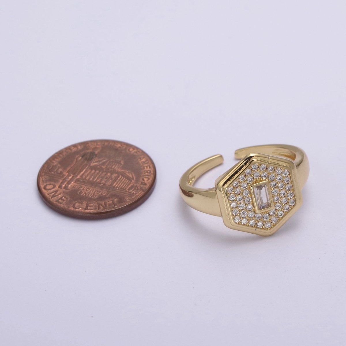 14k Gold Filled Signet Ring, Cubic Zirconia Signet Ring, CZ Octagonal Ring, Gold Open Adjustable Ring U-260 ~ U-263
