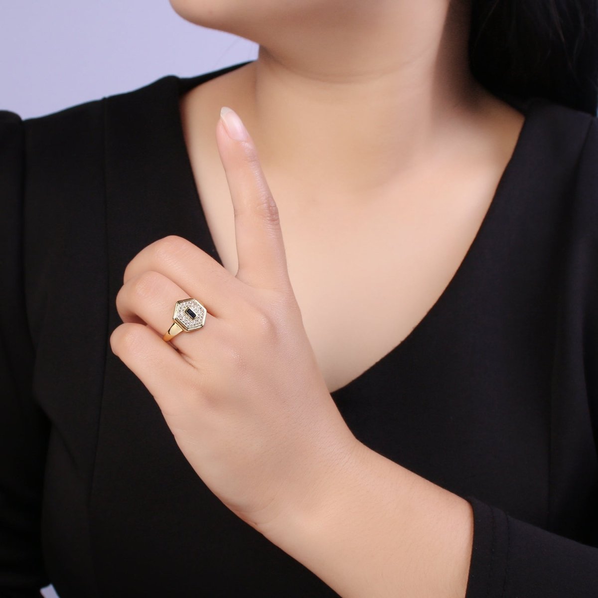 14k Gold Filled Signet Ring, Cubic Zirconia Signet Ring, CZ Octagonal Ring, Gold Open Adjustable Ring U-260 ~ U-263