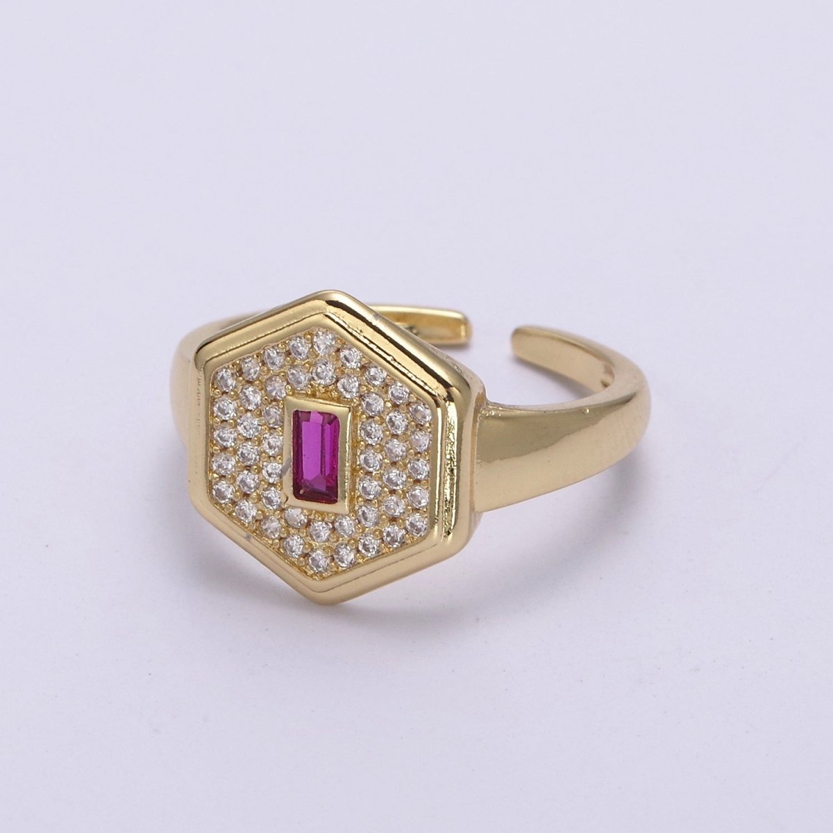 14k Gold Filled Signet Ring, Cubic Zirconia Signet Ring, CZ Octagonal Ring, Gold Open Adjustable Ring U-260 ~ U-263