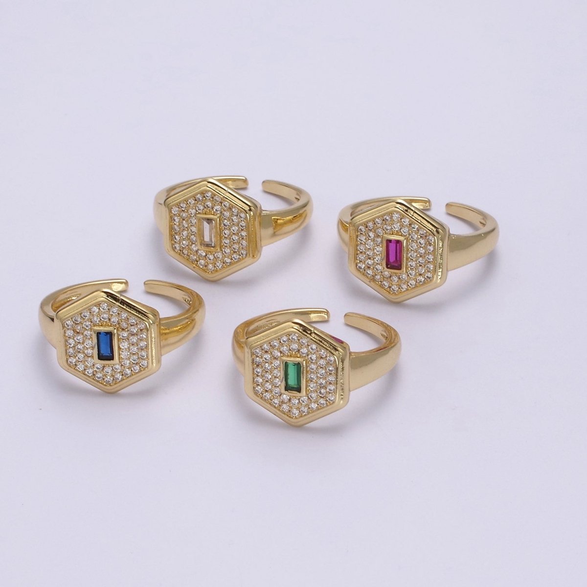 14k Gold Filled Signet Ring, Cubic Zirconia Signet Ring, CZ Octagonal Ring, Gold Open Adjustable Ring U-260 ~ U-263