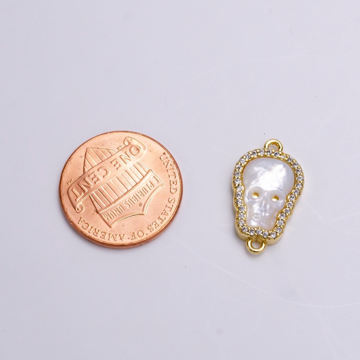 14K Gold Filled Skeleton Skull Shell Pearl Micro Paved Connector | Y-752