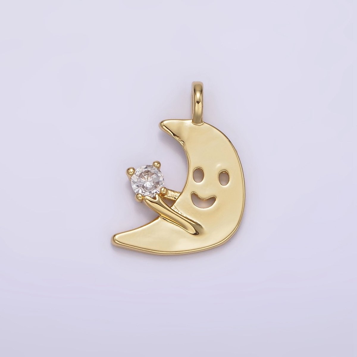 14K Gold Filled Smiley Faced Celestial Crescent Moon CZ Charm Kids Jewelry | N1880