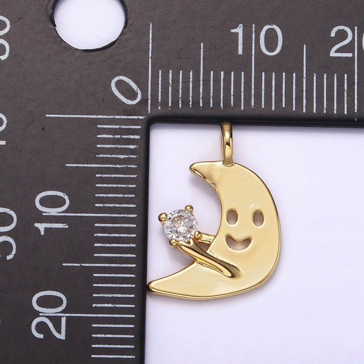 14K Gold Filled Smiley Faced Celestial Crescent Moon CZ Charm Kids Jewelry | N1880
