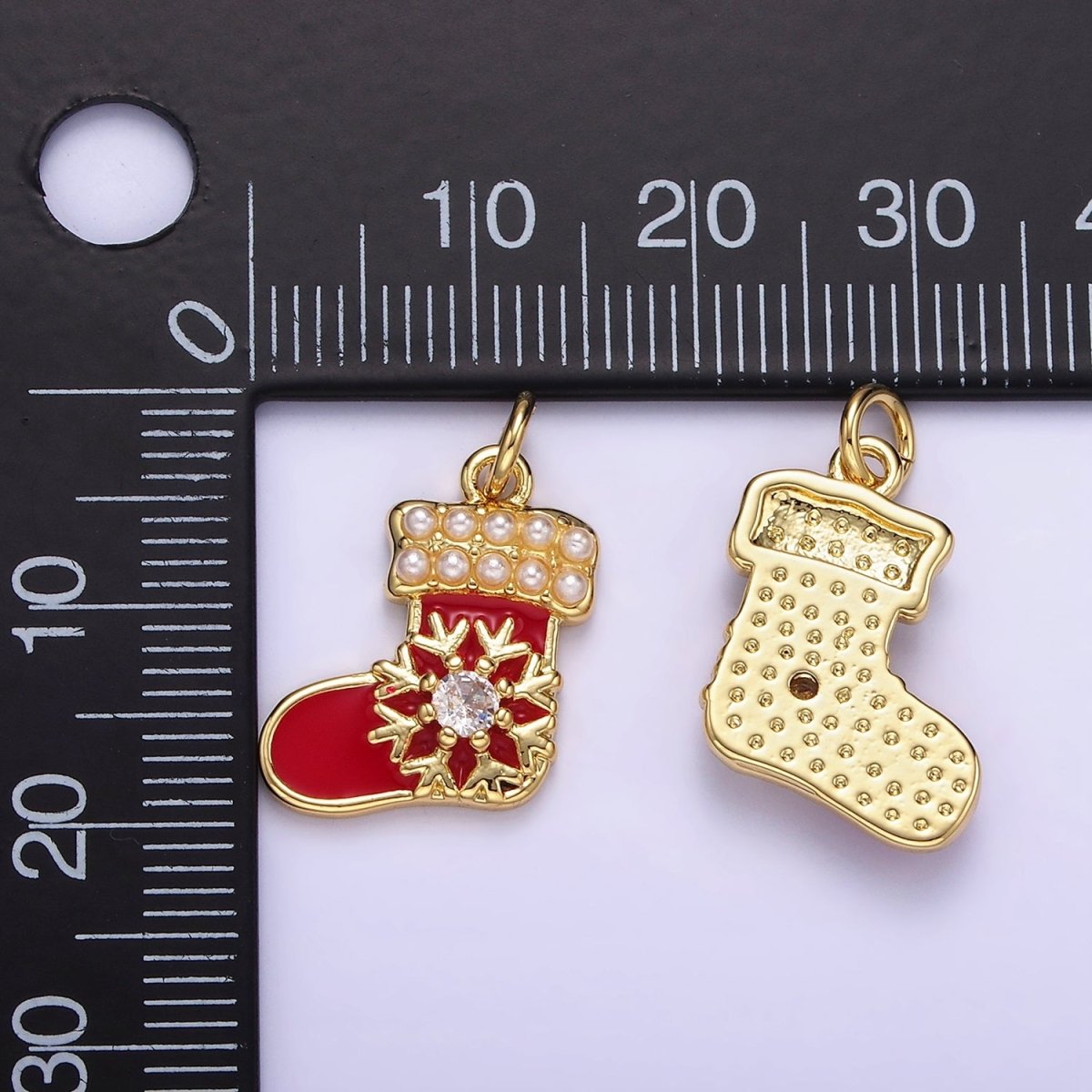 14K Gold Filled Snow CZ Pearl Lined Red Socks Stockings Charm | AG645