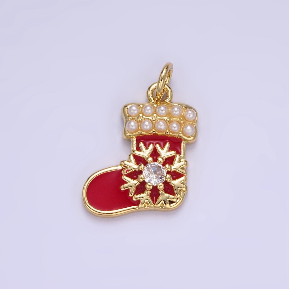 14K Gold Filled Snow CZ Pearl Lined Red Socks Stockings Charm | AG645