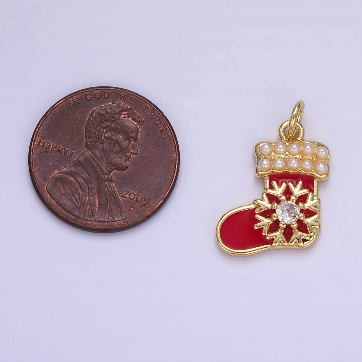 14K Gold Filled Snow CZ Pearl Lined Red Socks Stockings Charm | AG645