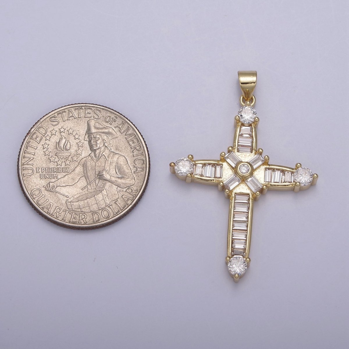 14k Gold Filled Sparkly baguette Cubic Zirconia Cross Pendant For Religious Jewelry making N-895