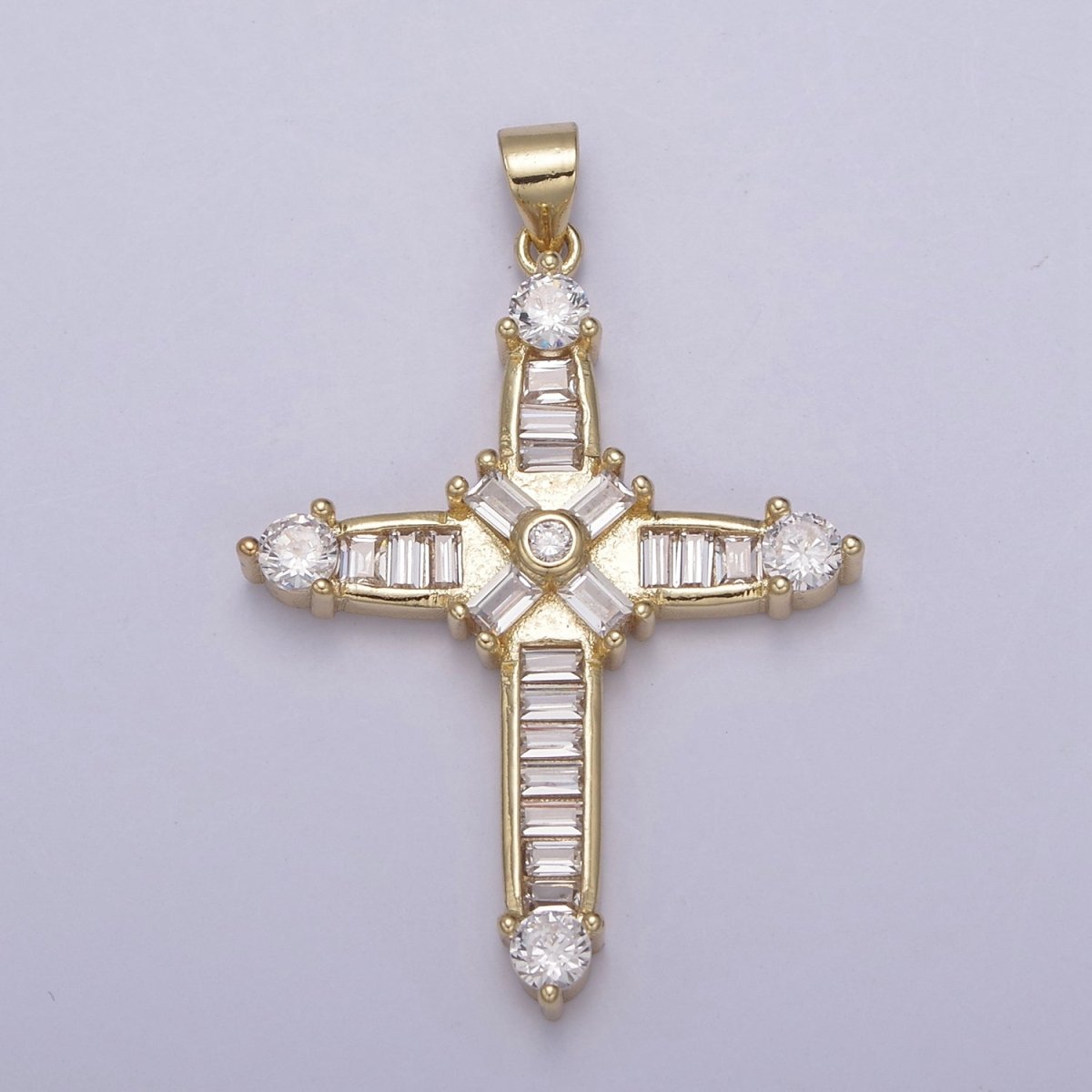 14k Gold Filled Sparkly baguette Cubic Zirconia Cross Pendant For Religious Jewelry making N-895