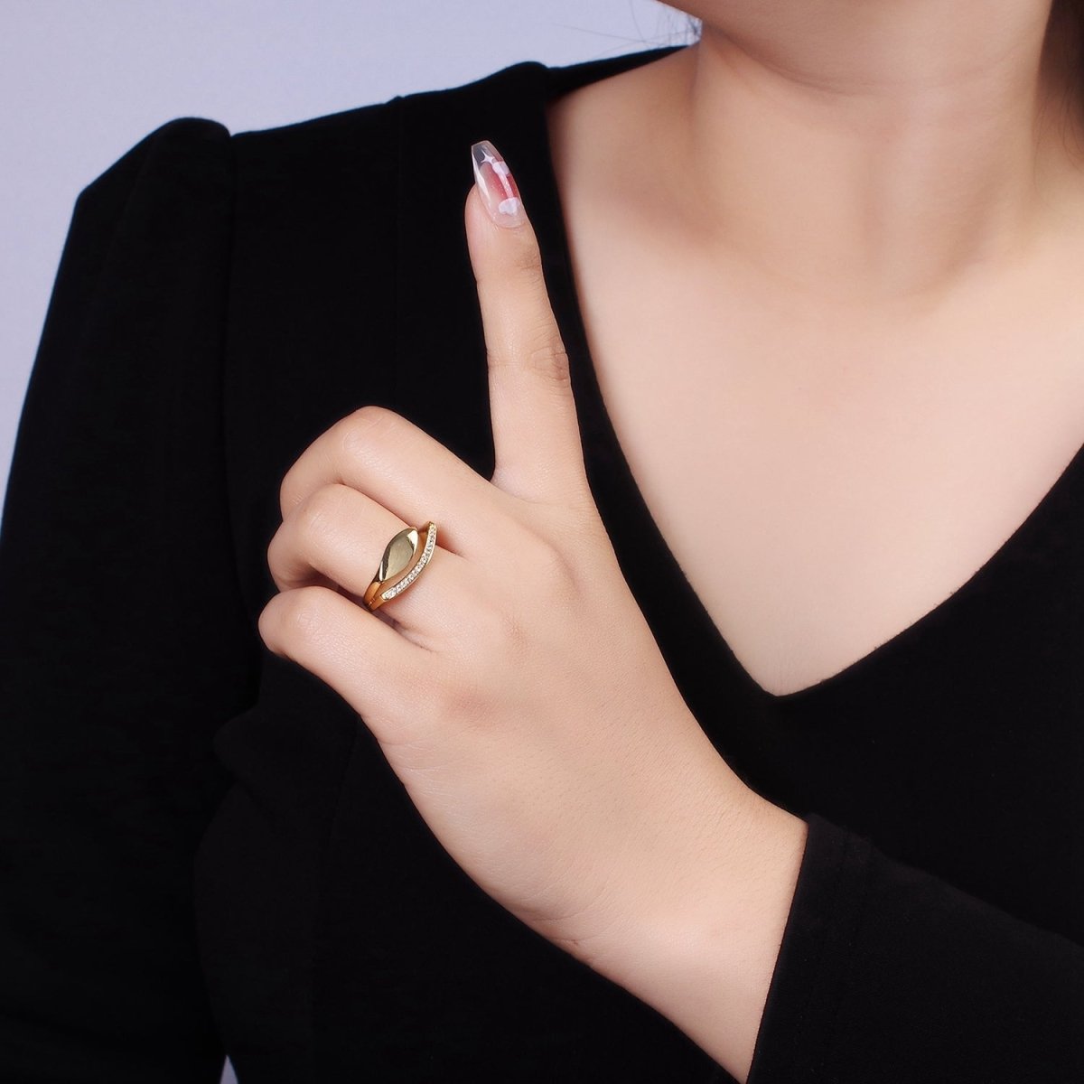 14K Gold Filled Sphere Micro Paved CZ Double Band Signet Ring | O1348