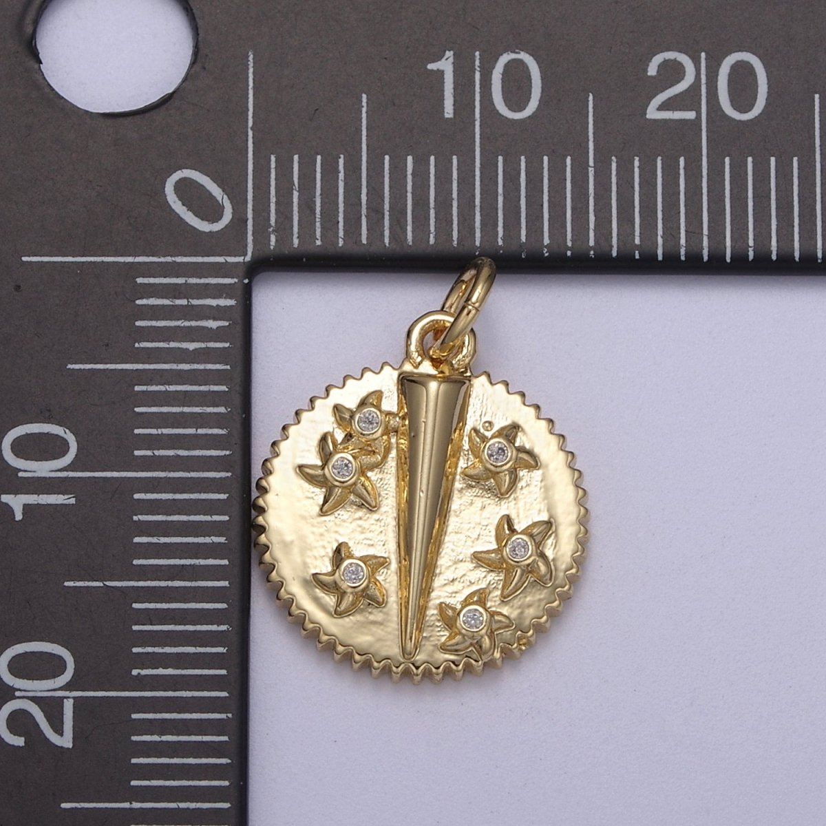 14K Gold Filled Spiral Celestial Star CZ Edged Spiked Round Charm | C332