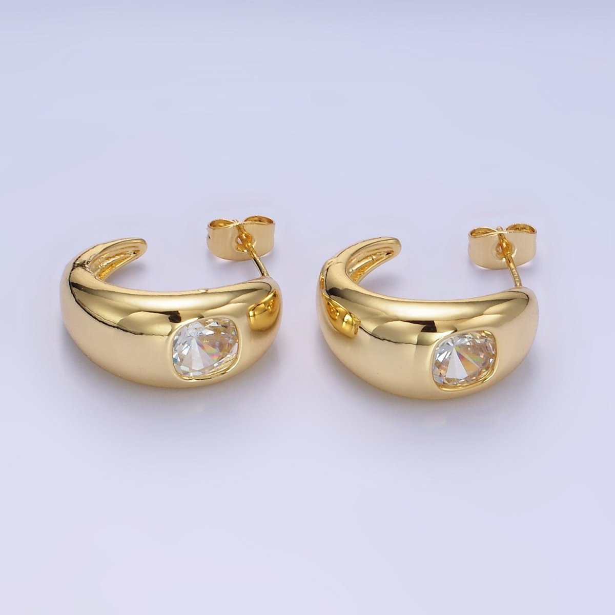 14K Gold Filled Square CZ Chubby C-Shaped Hoop Earrings | AB1402