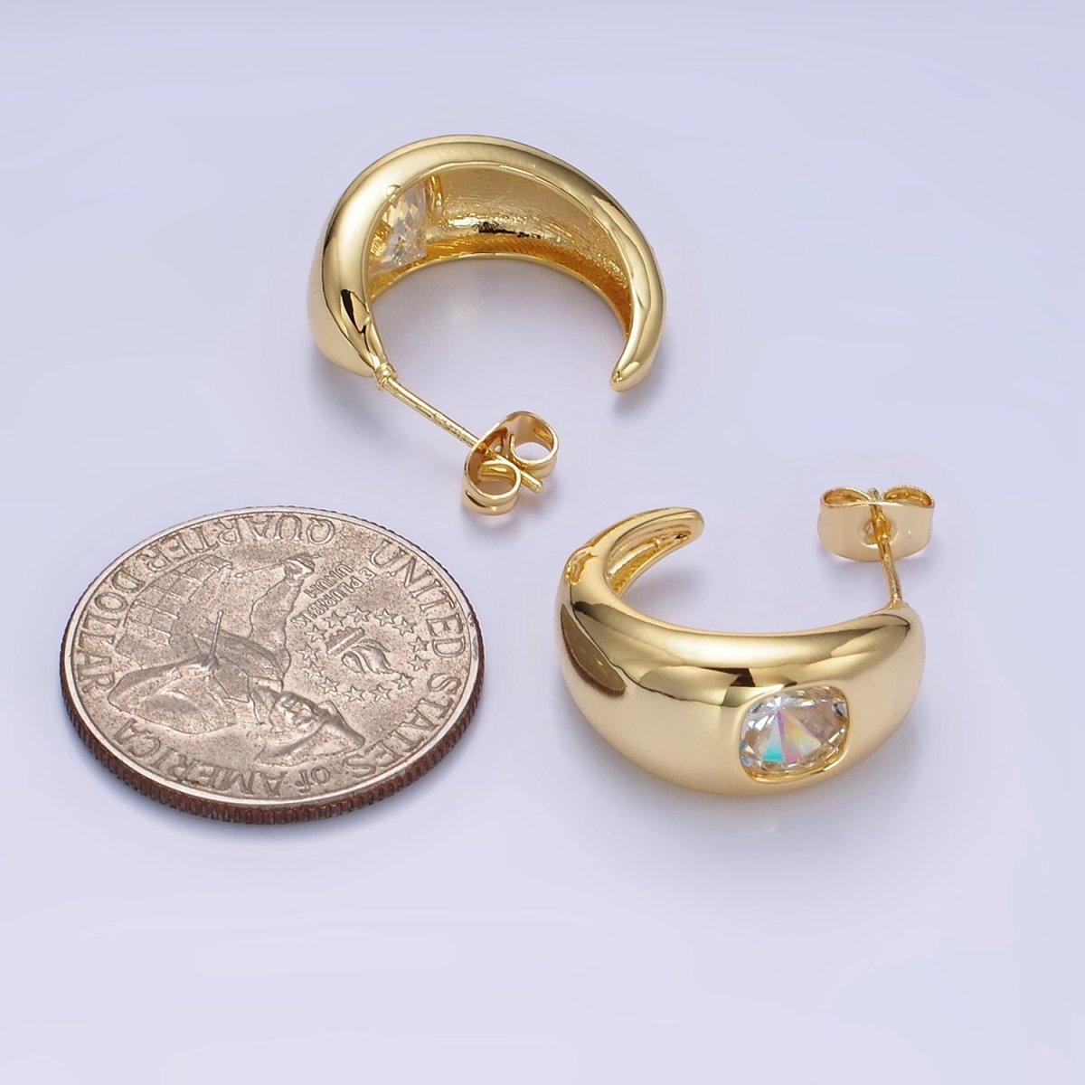 14K Gold Filled Square CZ Chubby C-Shaped Hoop Earrings | AB1402