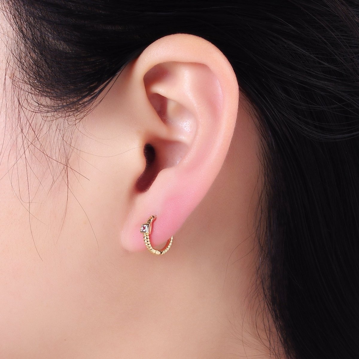 14K Gold Filled Square CZ Croissant Huggie Earrings | AB1329