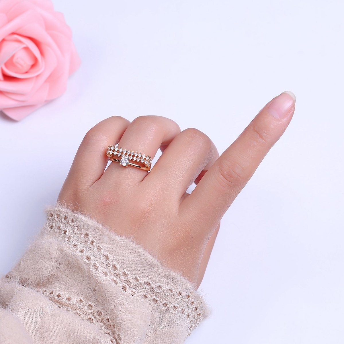 14k Gold Filled Statement Ring, CZ Micro Pave Ring, Everyday Ring, Open Adjustable Ring S-536