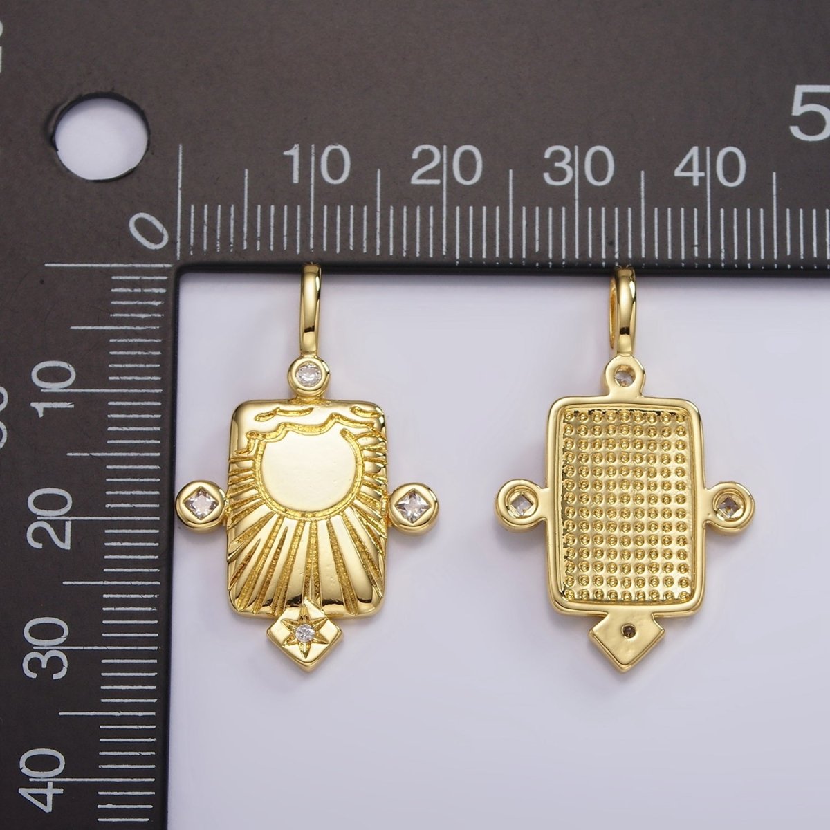 14K Gold Filled Sun Ray Celestial Star CZ Dotted Rectangular Pendant | AH089