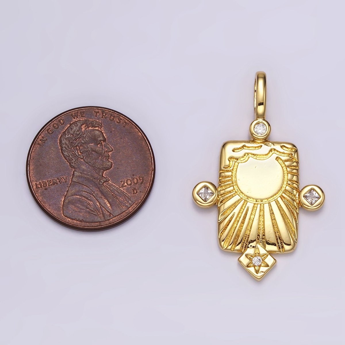 14K Gold Filled Sun Ray Celestial Star CZ Dotted Rectangular Pendant | AH089