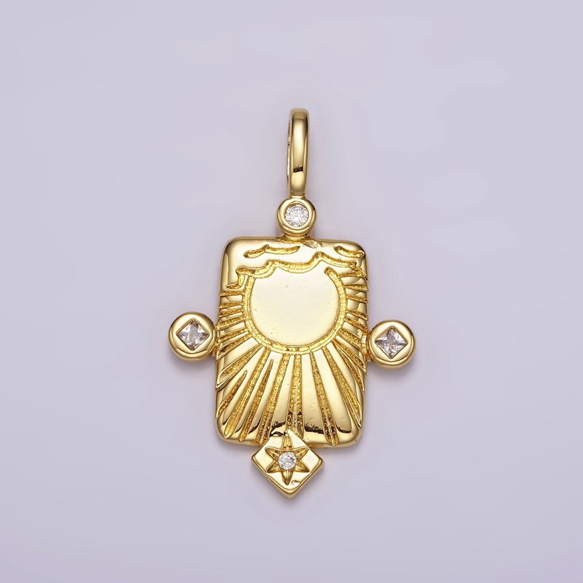 14K Gold Filled Sun Ray Celestial Star CZ Dotted Rectangular Pendant | AH089