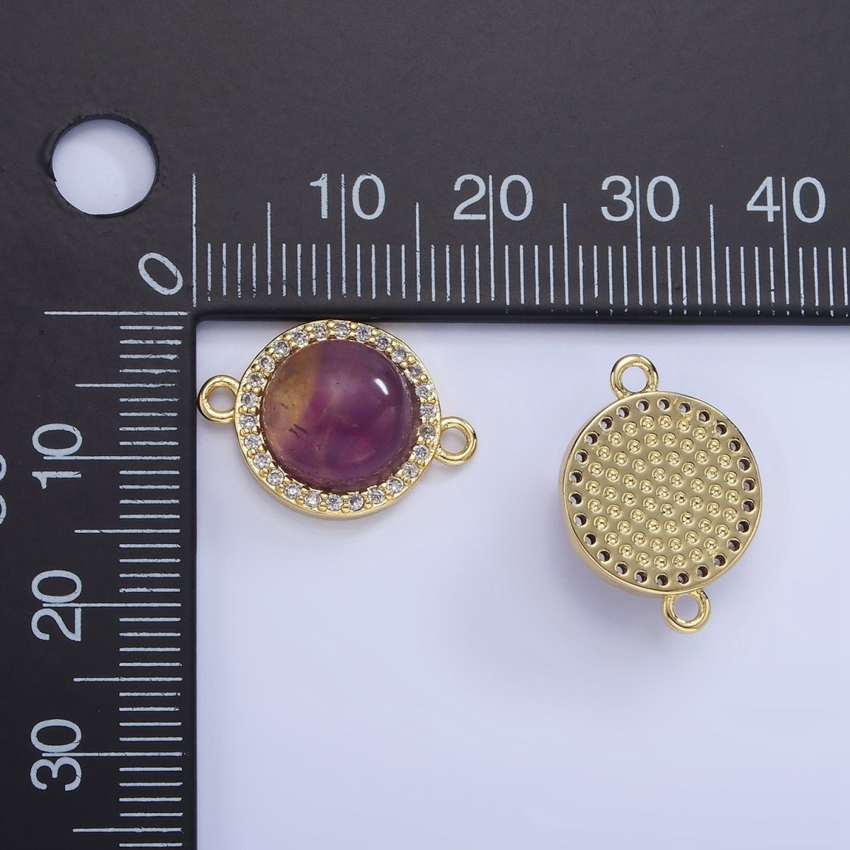 14K Gold Filled Sunstone, Amethyst Micro Paved CZ Round Connector | G312
