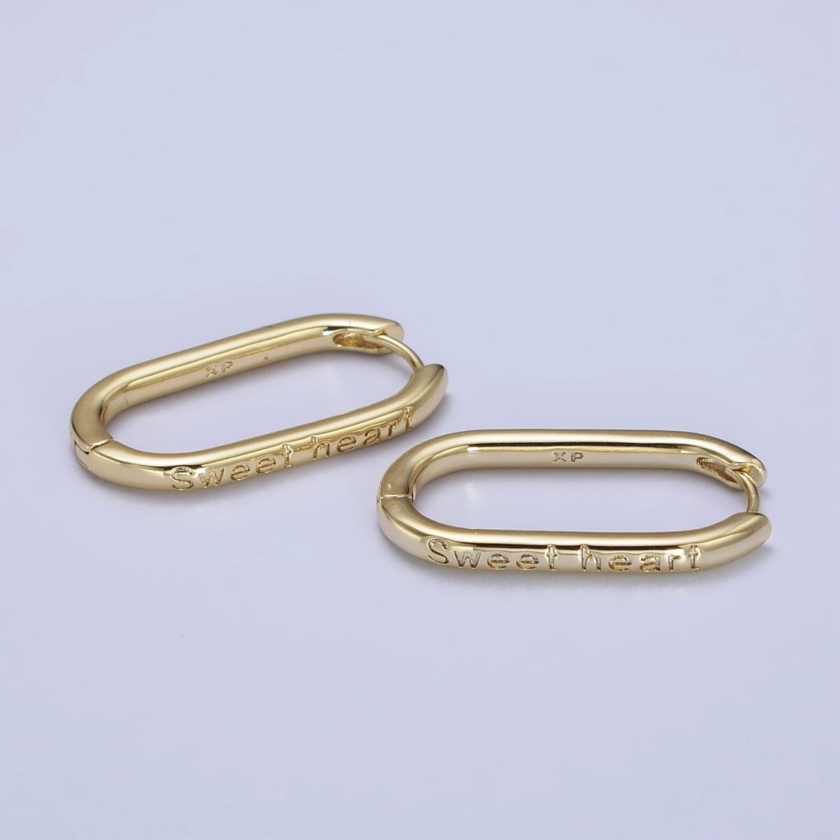 14K Gold Filled "Sweet heart" Engraved Oblong U-Shaped Hoop Earrings | AB434