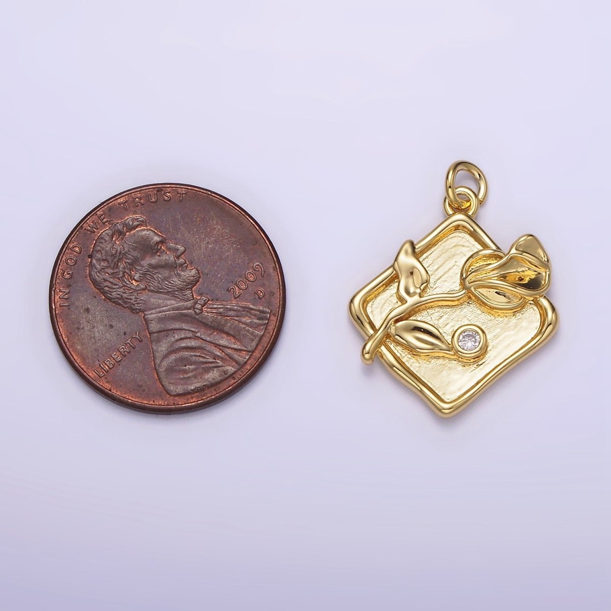 14K Gold Filled Sweet Pea Birth Flower CZ Stamped Rhombus Charm | AG303
