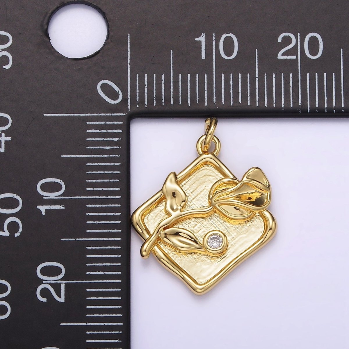 14K Gold Filled Sweet Pea Birth Flower CZ Stamped Rhombus Charm | AG303