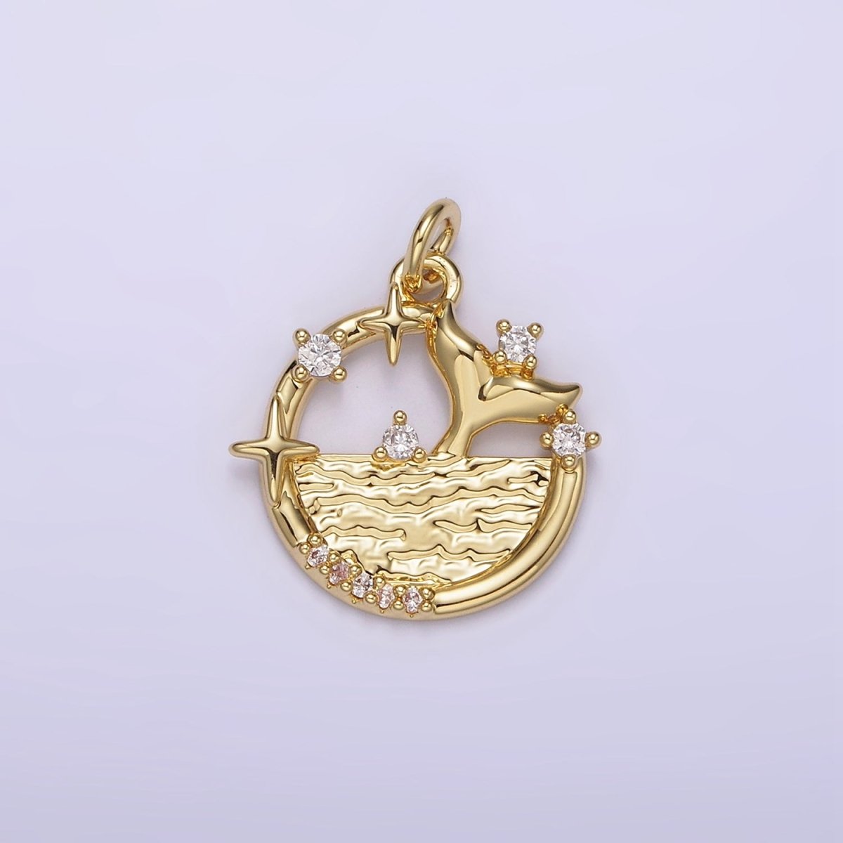14K Gold Filled Tail Ocean Sea Textured Celestial Star Micro Paved CZ Open Round Charm | AG212