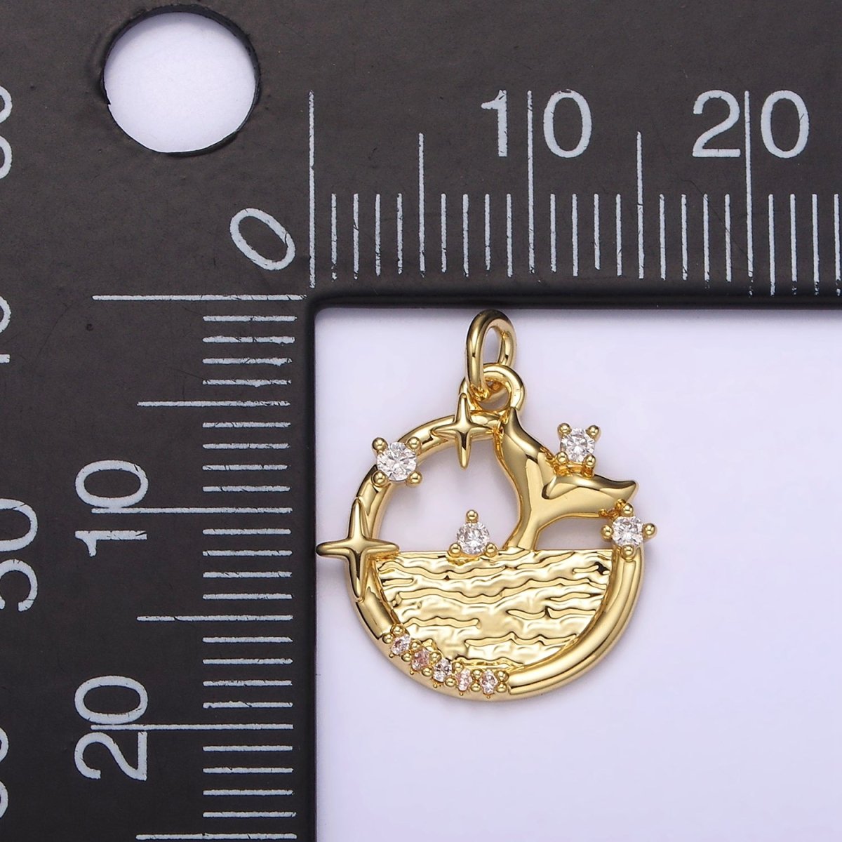 14K Gold Filled Tail Ocean Sea Textured Celestial Star Micro Paved CZ Open Round Charm | AG212