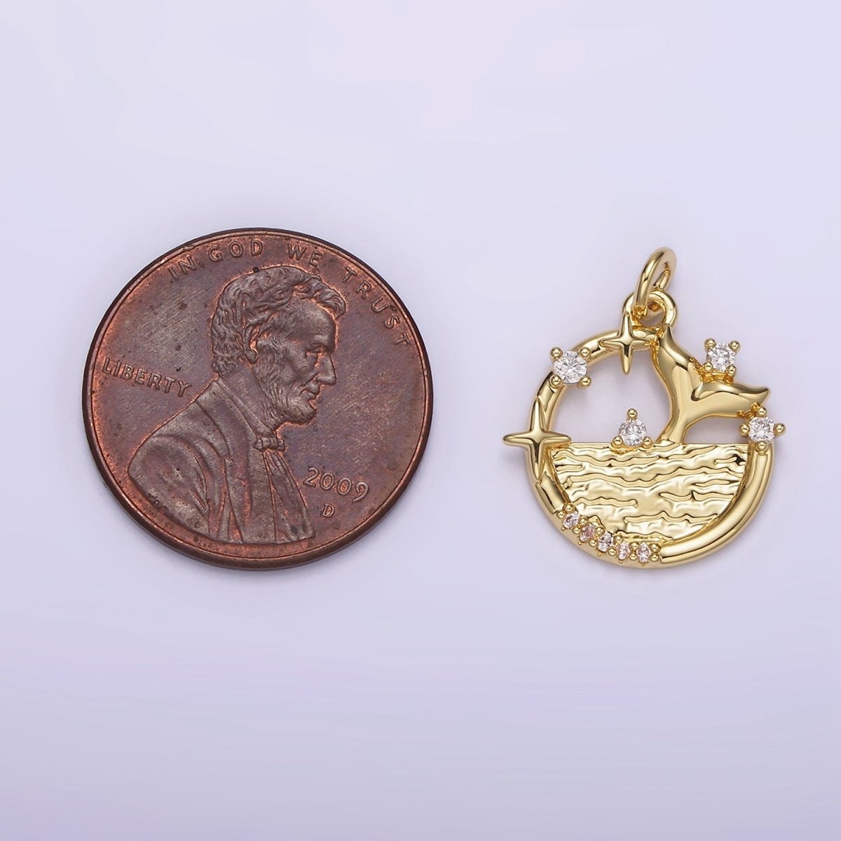 14K Gold Filled Tail Ocean Sea Textured Celestial Star Micro Paved CZ Open Round Charm | AG212