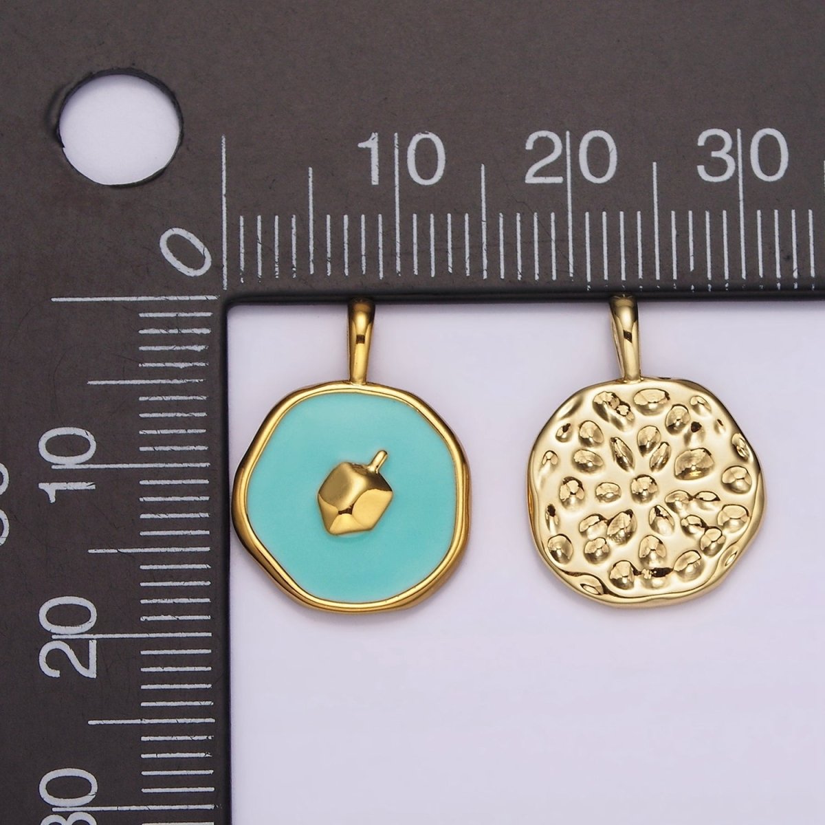 14K Gold Filled Teal Dreidel Charm Enamel Stamped Hannukah Jewelry Round Pendant | AA1094