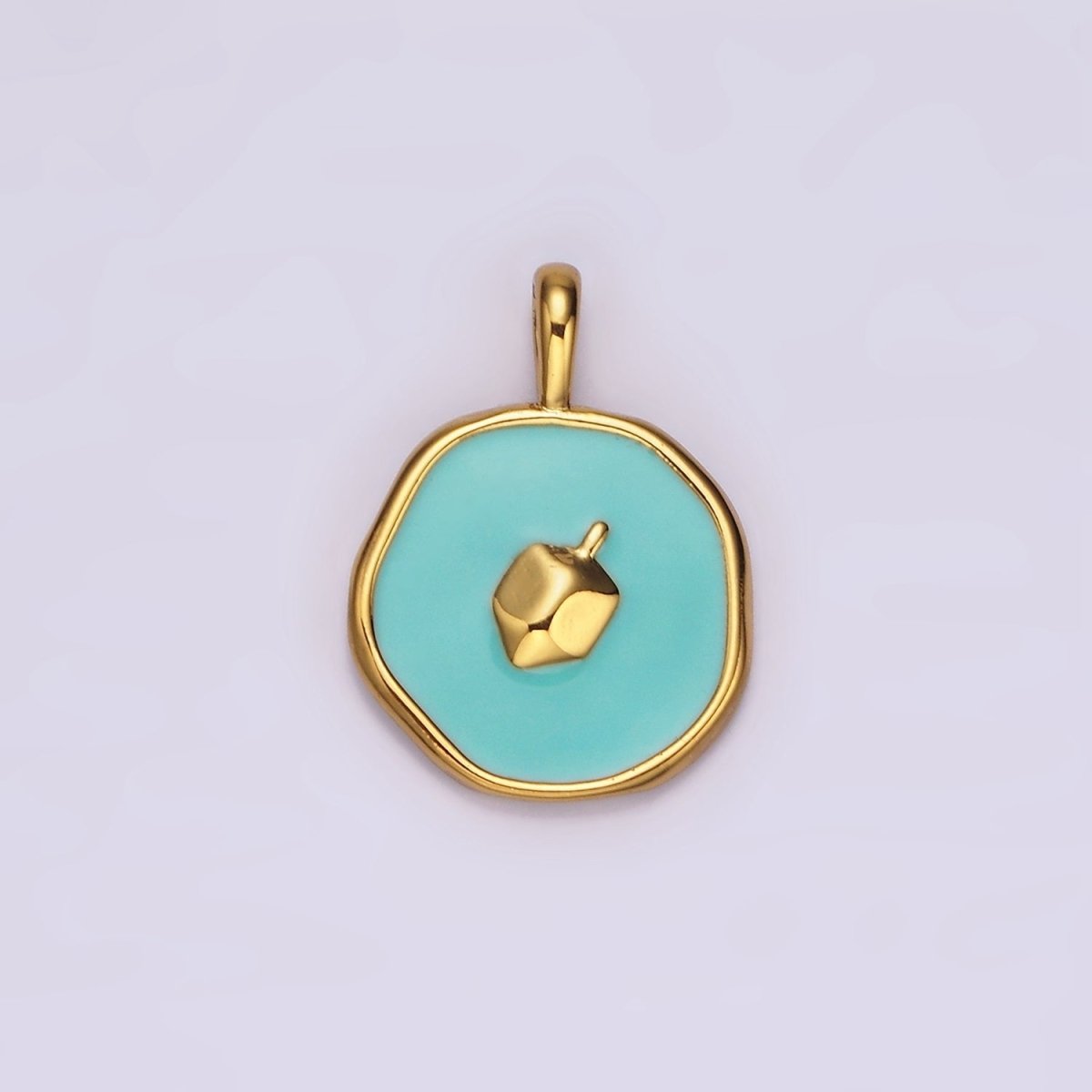 14K Gold Filled Teal Dreidel Charm Enamel Stamped Hannukah Jewelry Round Pendant | AA1094