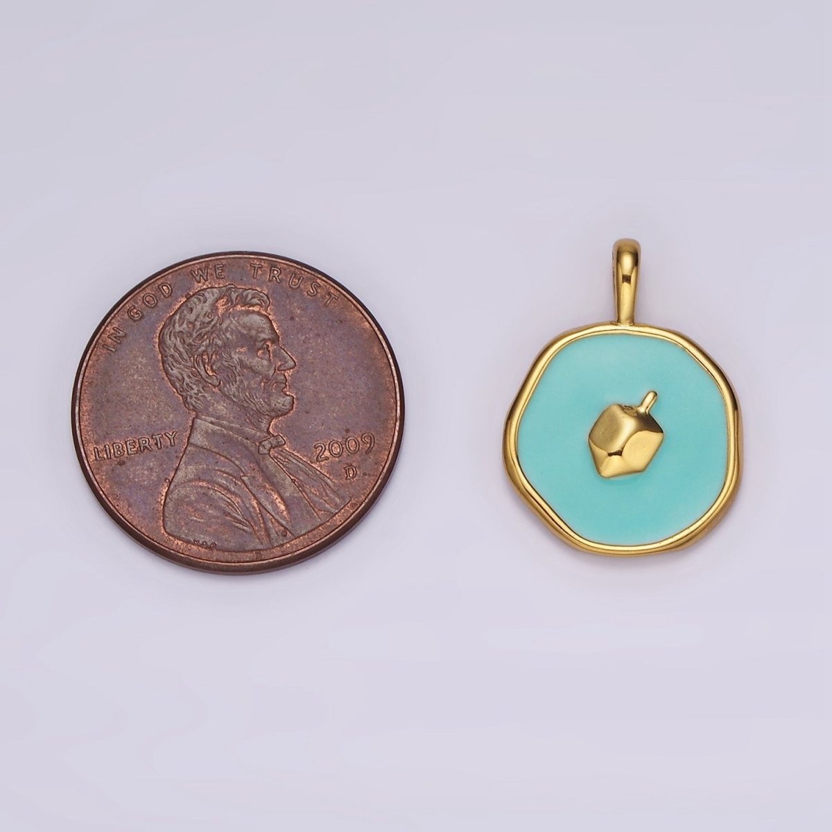 14K Gold Filled Teal Dreidel Charm Enamel Stamped Hannukah Jewelry Round Pendant | AA1094