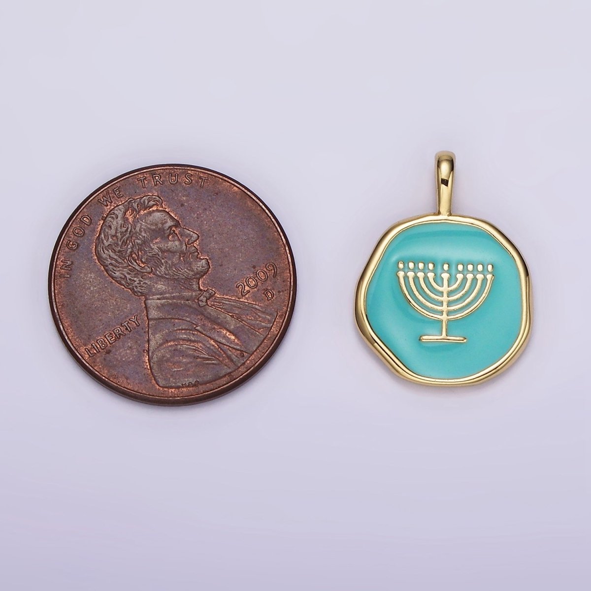 14K Gold Filled Teal Menorah Candle Enamel Stamped Hannukah Round Pendant | AA1093